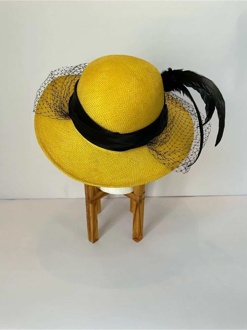 Vintage Miss Bierner Elegant Yellow Veiled Derby Hat with Black Feather Trim